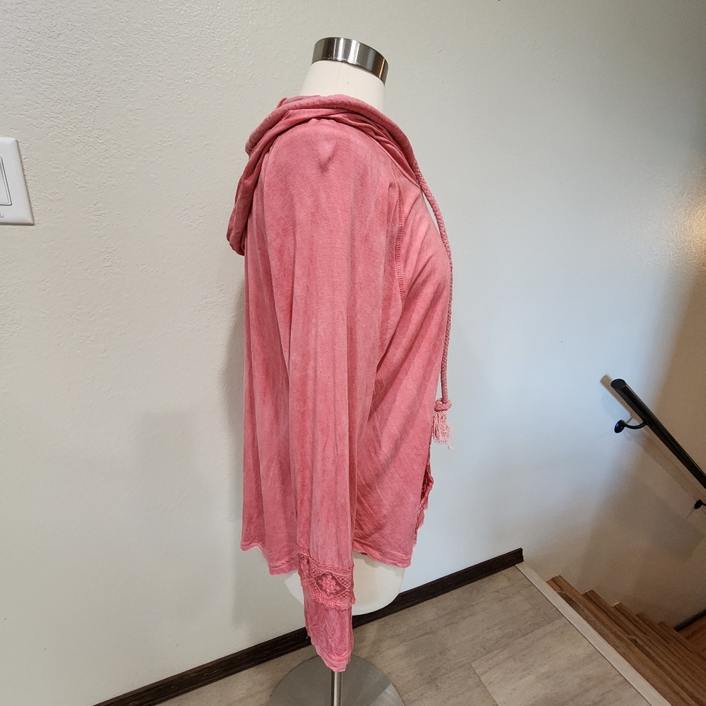 POL Lace Crochet Tunic Hoodie Lightweight Corded Drawstring Coral size Large - Picture 8 of 10